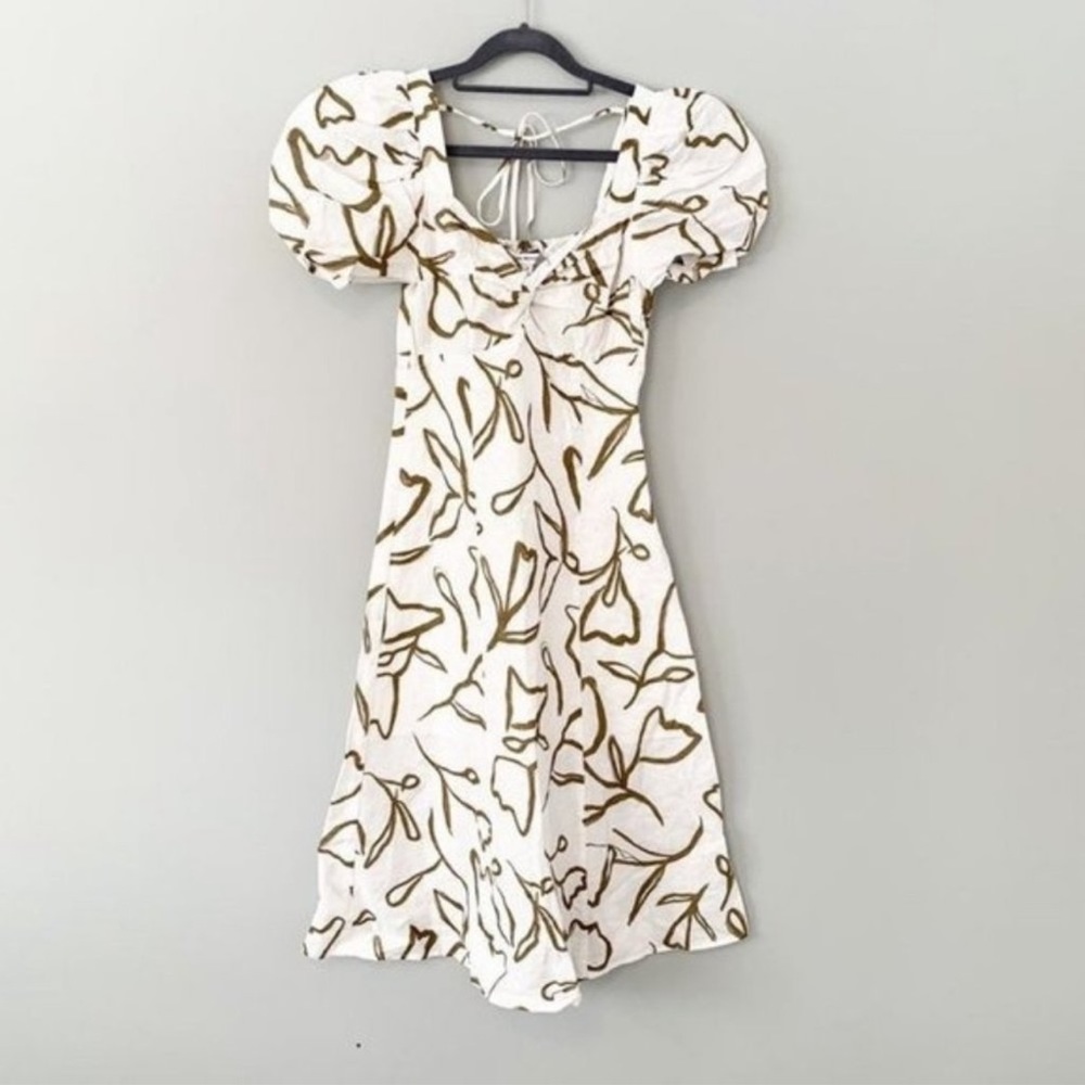 NEW Urban Revivo poof sleeve cottagecore tie neck lined linen blend midi dress